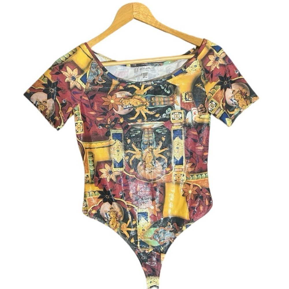Etincelle Couture Paris Thangka Print Short Sleeve Shinny Bodysuit Sz S